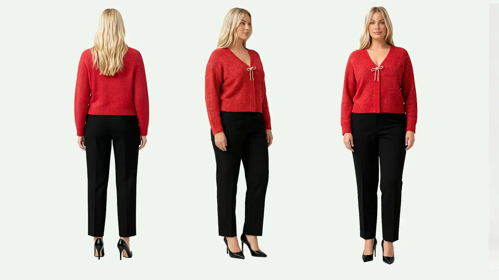 Front, side and back catalogue views of a model wearing a red cardigan and black trousers.