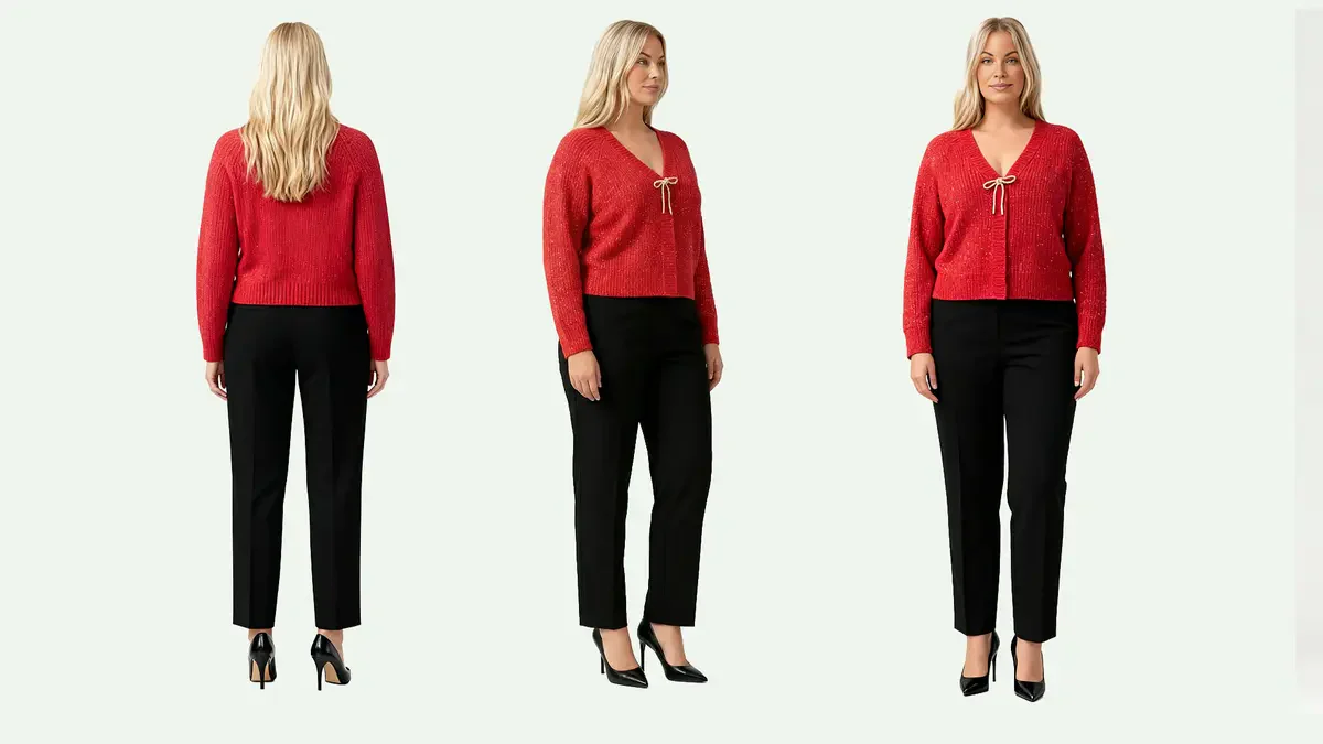 Front, side and back garment views of a model in a red cardigan and dark trousers.
