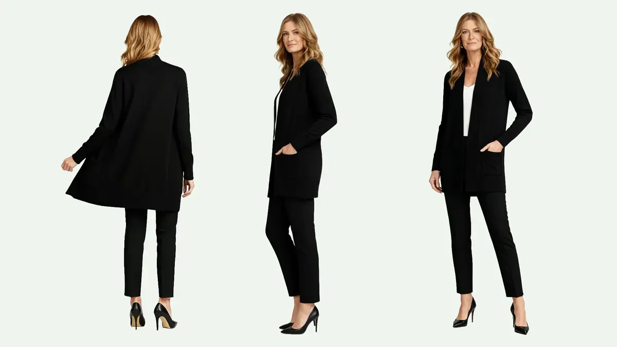 Front, back and side views of a model in a dark jacket and trousers.