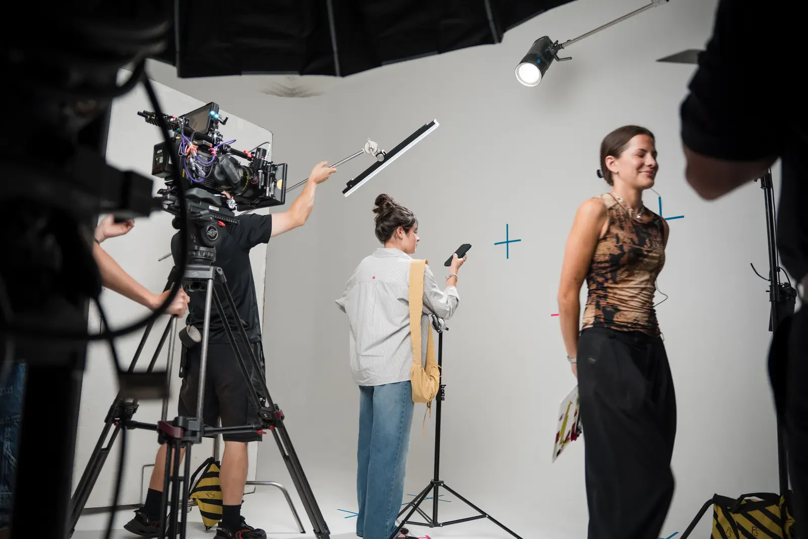 Camera, lighting and performer on the Cazoo studio shoot.