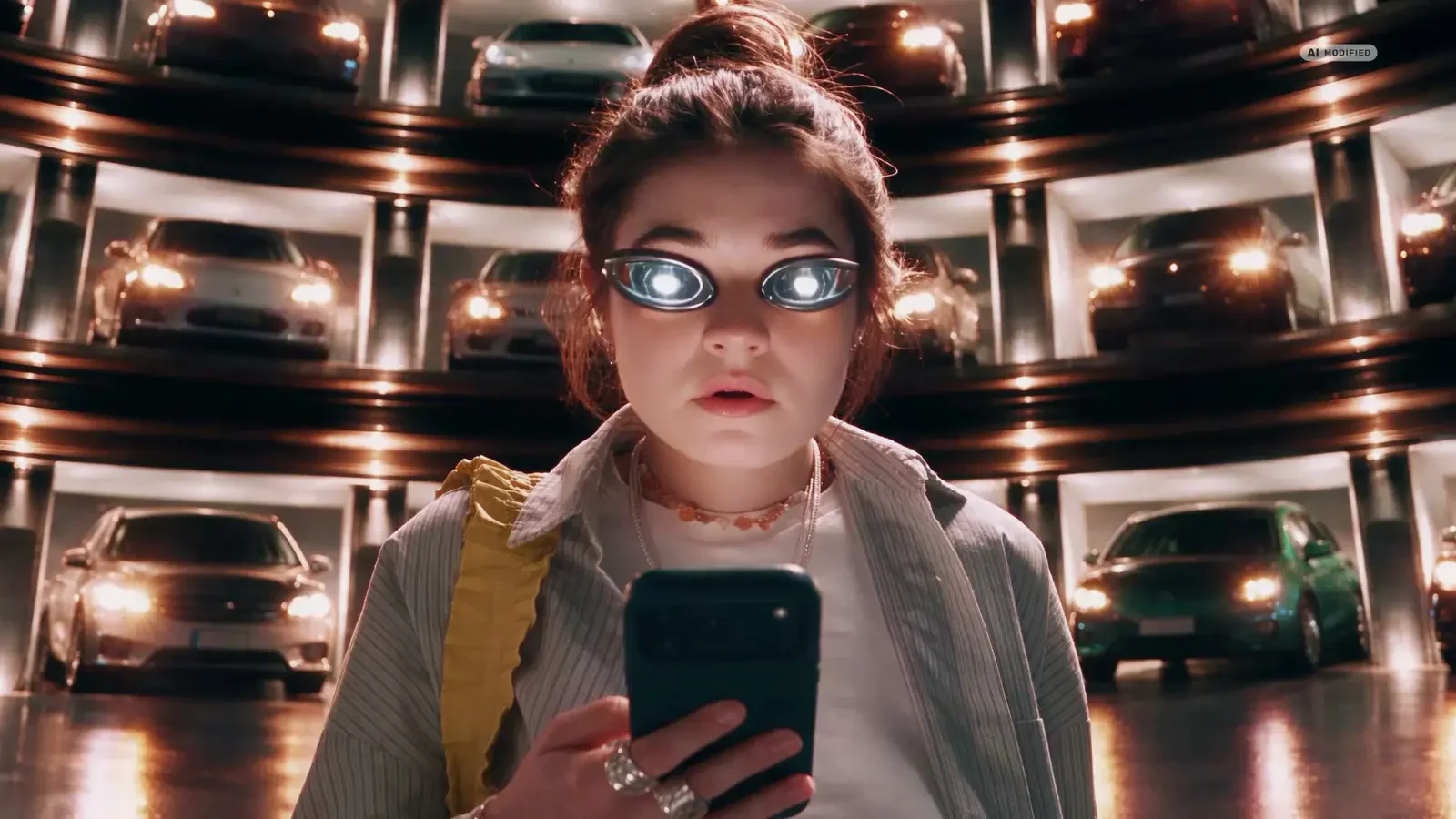 A woman looks up from her phone as car headlights reflect in her glasses inside the Cazoo car vault.