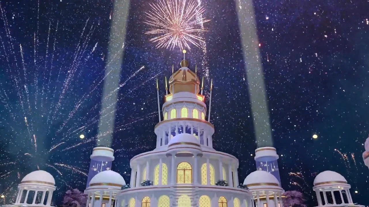 The illuminated BLACKPINK palace beneath fireworks and a star-filled night sky.