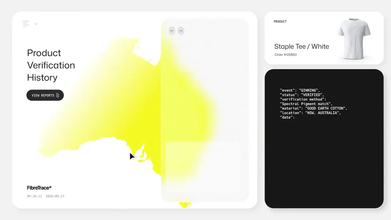 A FibreTrace verification-history interface beside a map of Australia.
