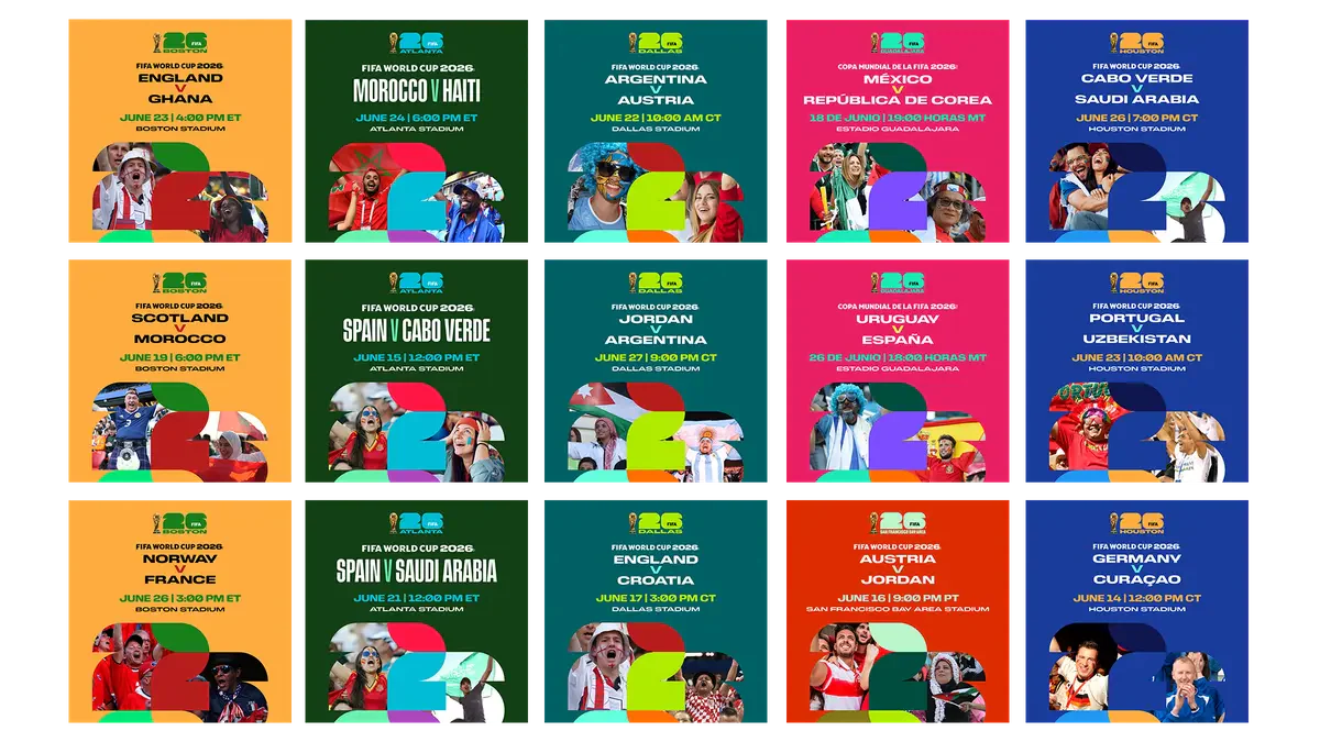A grid of colourful FIFA World Cup fixture graphics in several layouts.