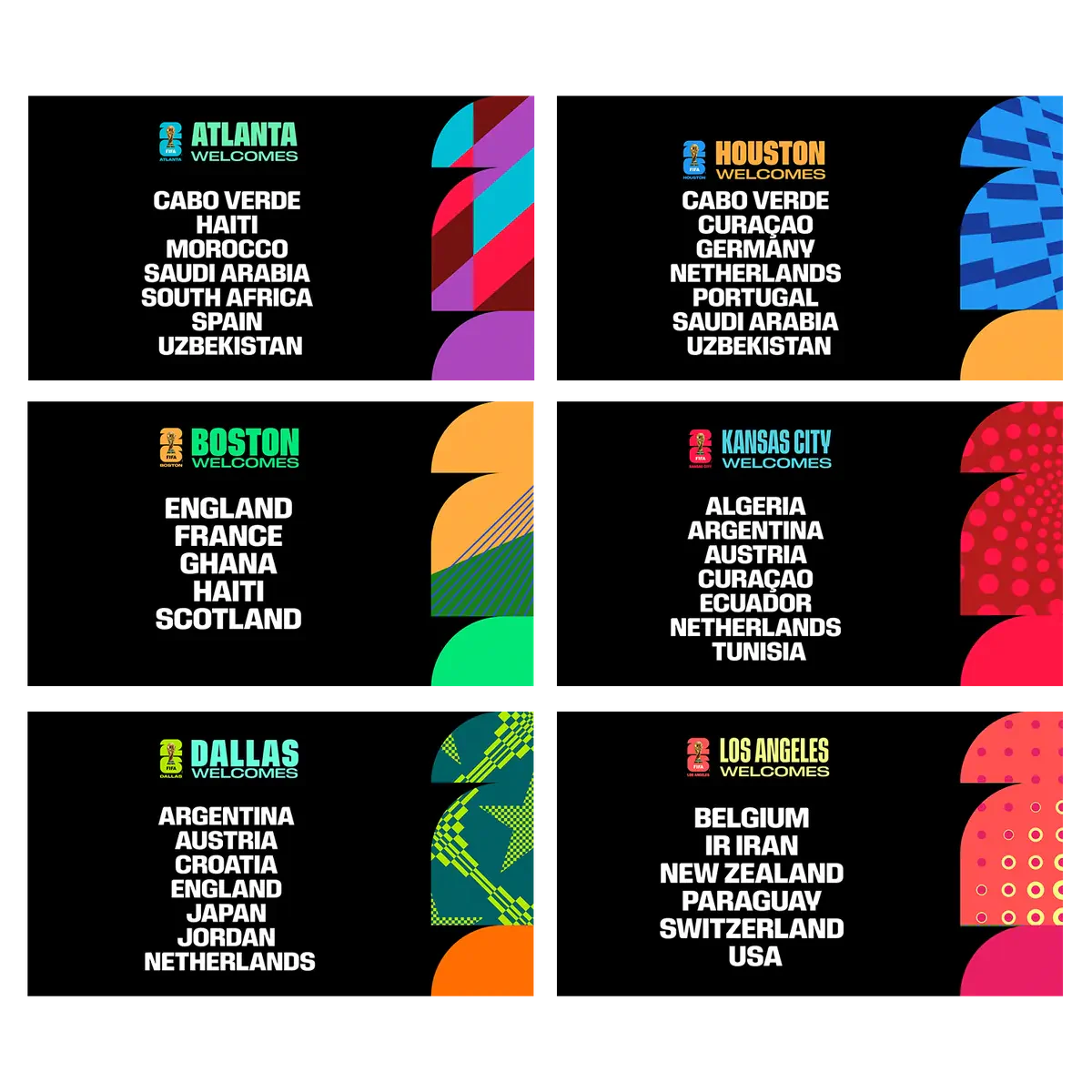Black FIFA fixture graphics with match information and coloured tournament artwork.