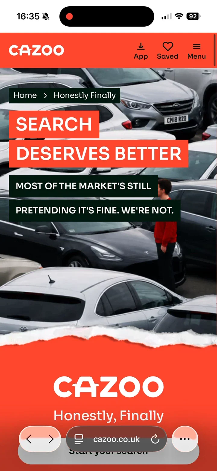 Screen recording of Cazoo’s Honestly, Finally mobile website, with the campaign film playing behind the headline.