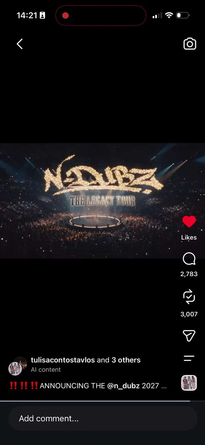 Screen recording of the N-Dubz Legacy tour announcement on Instagram, with the original post and AI-content label visible.