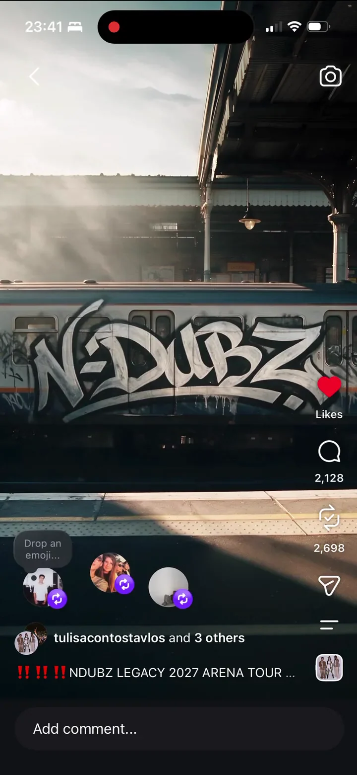 N-Dubz Legacy Tour announcement in Instagram Reels, showing the train sequence, N-Dubz graffiti, collaborator names and audience engagement.