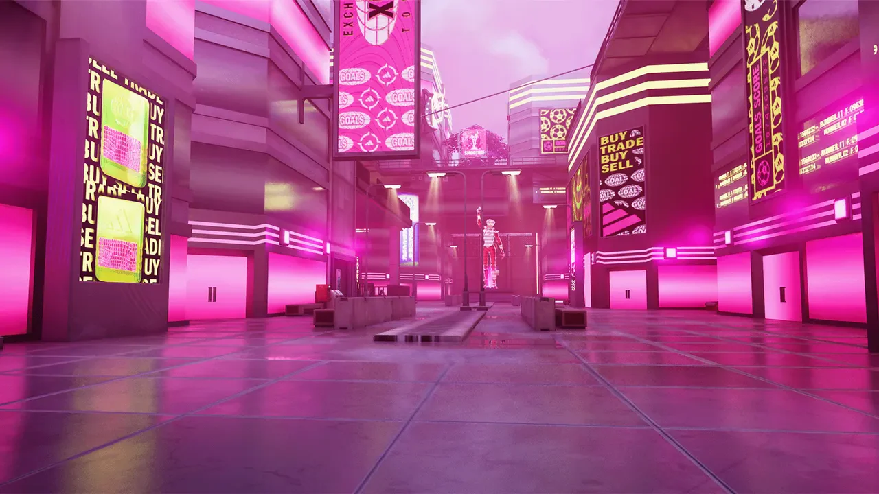 A neon pink city avenue with adidas Hyperchase architecture and glowing signs in Fortnite.