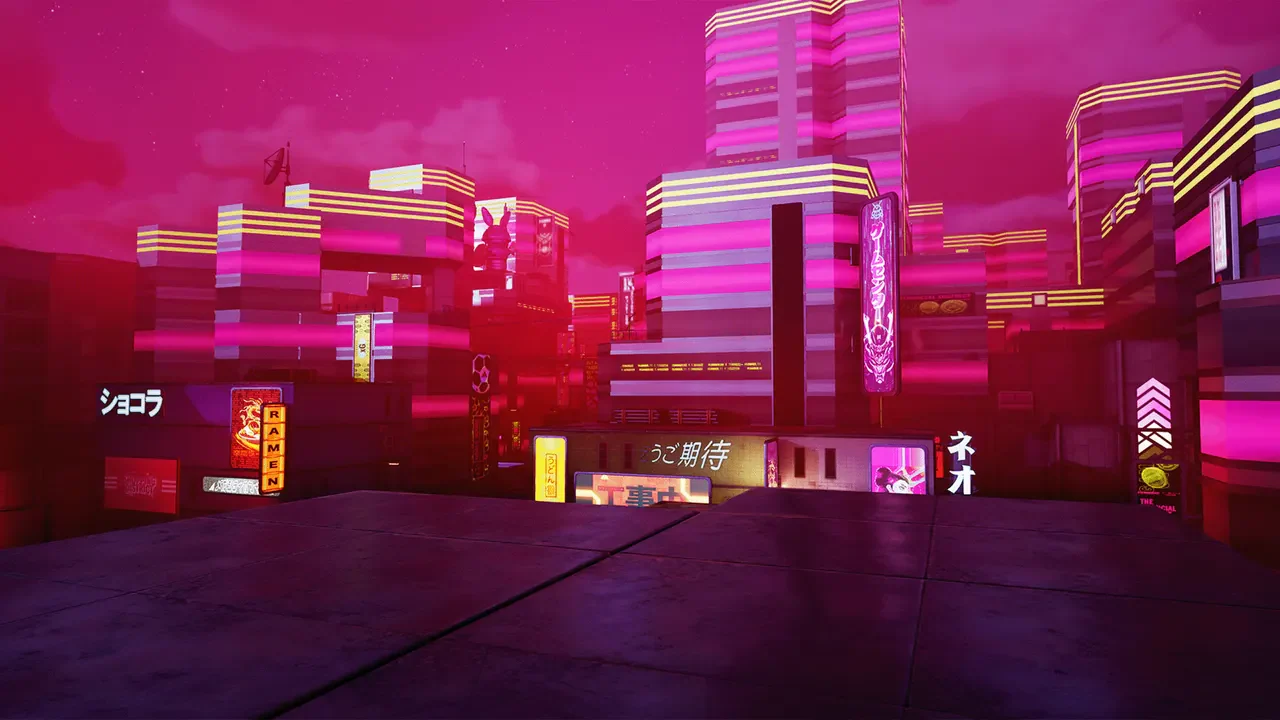 Connected rooftops and bright green edge lights in the Hyperchase city.