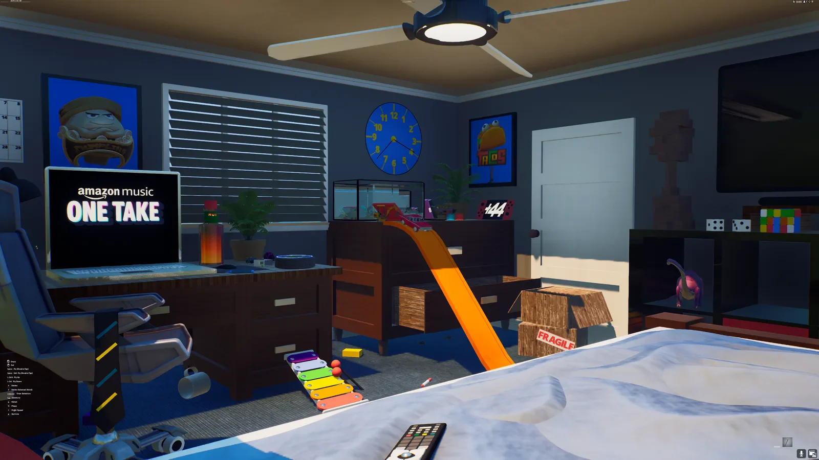 Amazon Music One Take screens and props inside a room-scale game environment.