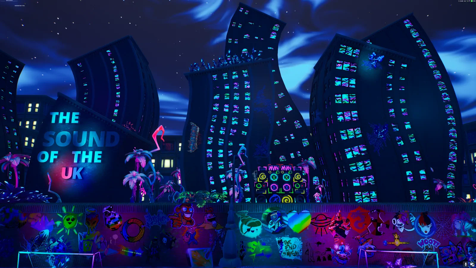 A blue and purple music-themed city built for the Amazon Music One Take Fortnite tournament.
