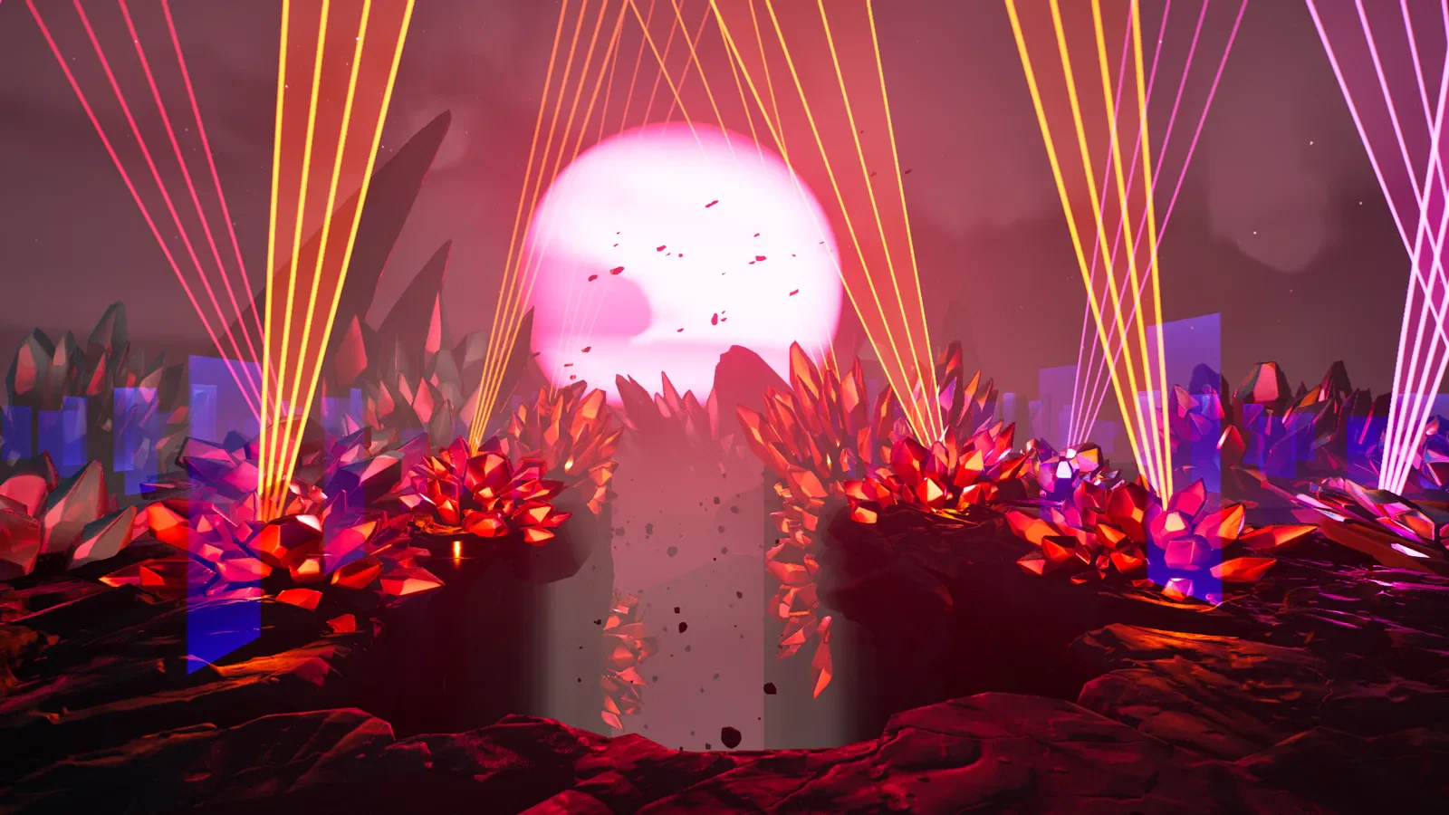 A music stage with a glowing moon, red rocks and laser lights.
