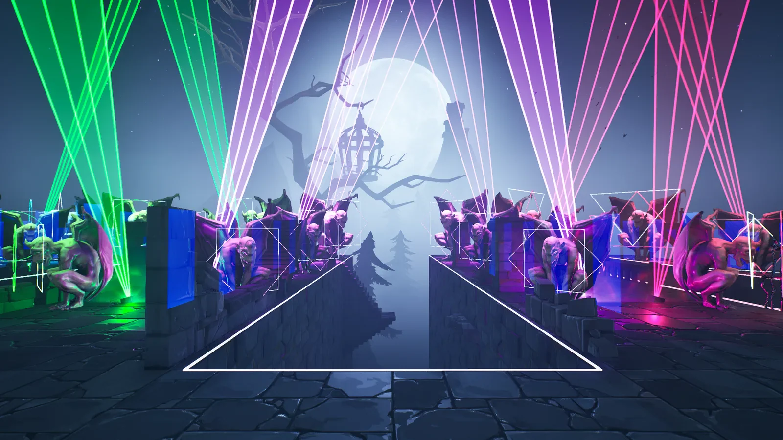 A futuristic stage surrounded by trees and multicoloured laser beams.
