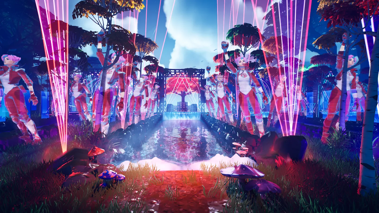 A glowing outdoor music stage surrounded by coloured trees and vertical lights in Beat Builder.