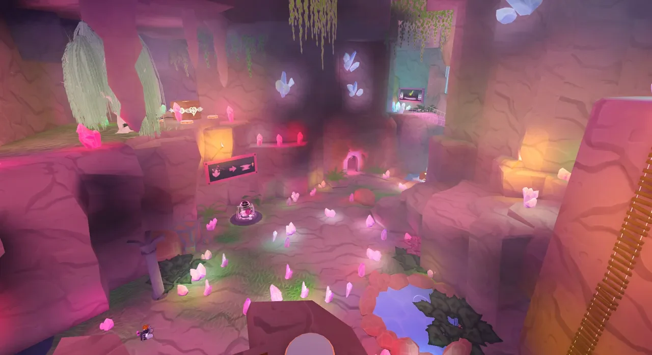 A glowing underground cavern with coloured crystals in BLACKPINK The Palace.