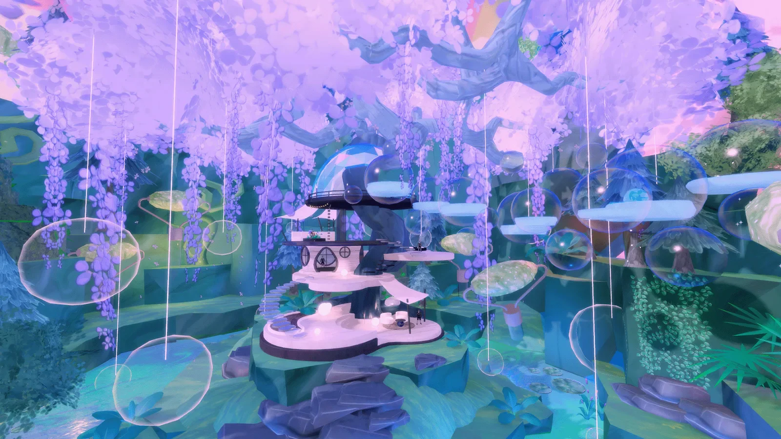 Pastel trees, reflective pools and a sculptural fountain on e.l.f. Fortune Island.