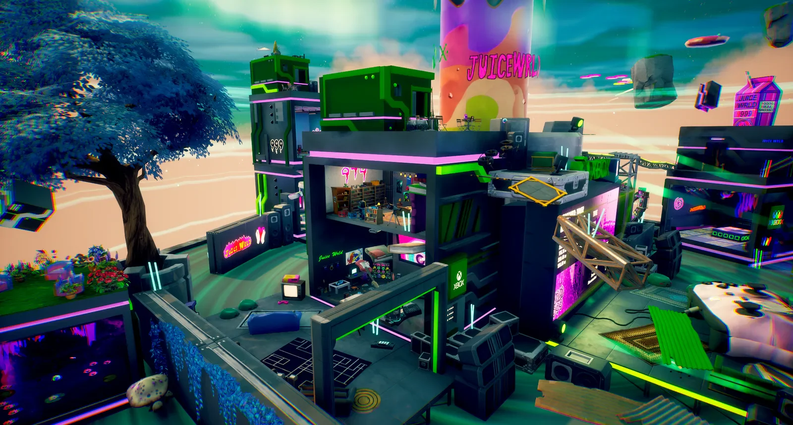 A green and purple game environment with floating structures.