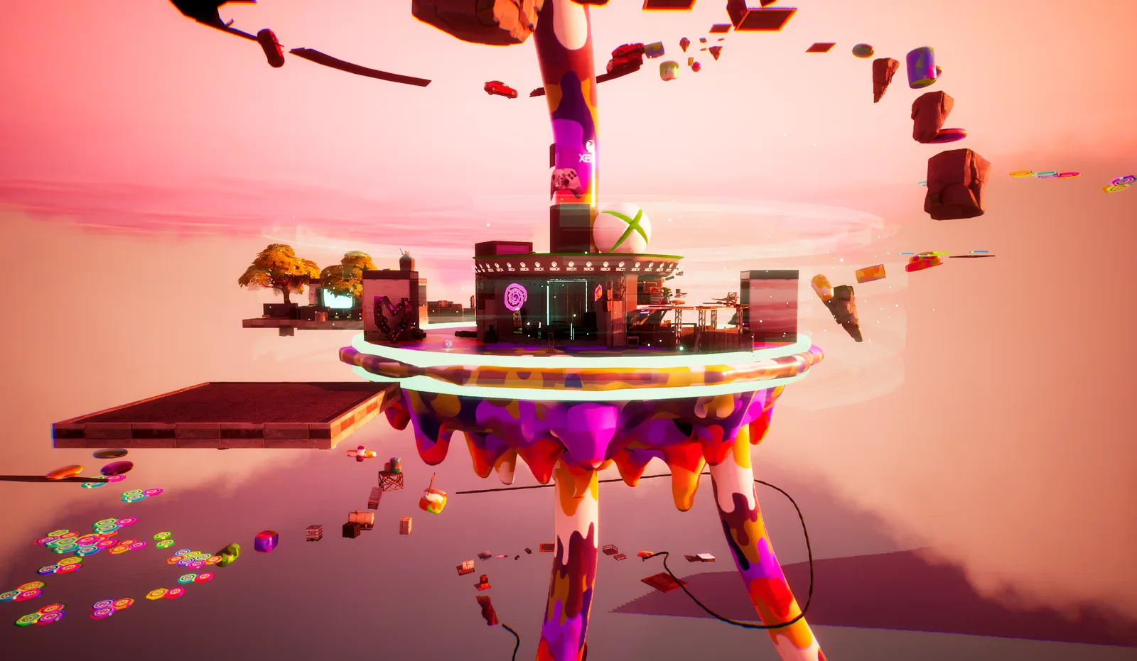 A floating platform and tower lit by a warm sunset.