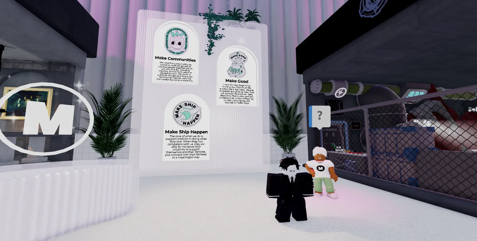 A Roblox avatar explores the Makeship marketplace with branded displays.