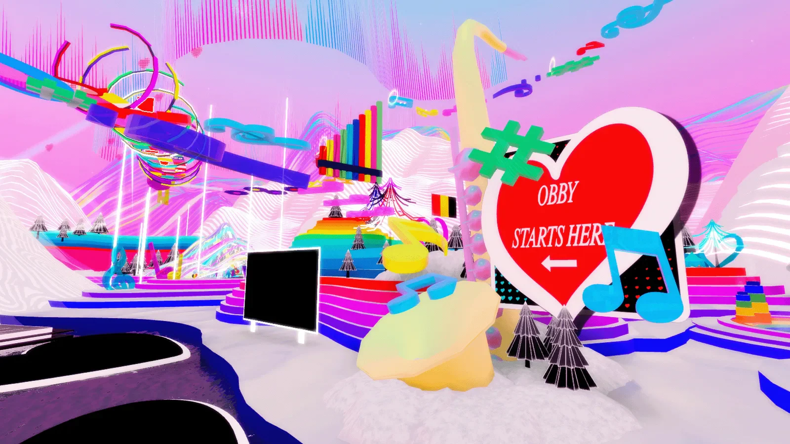 Colourful Eurovision heart sculptures and a character in the Roblox world.