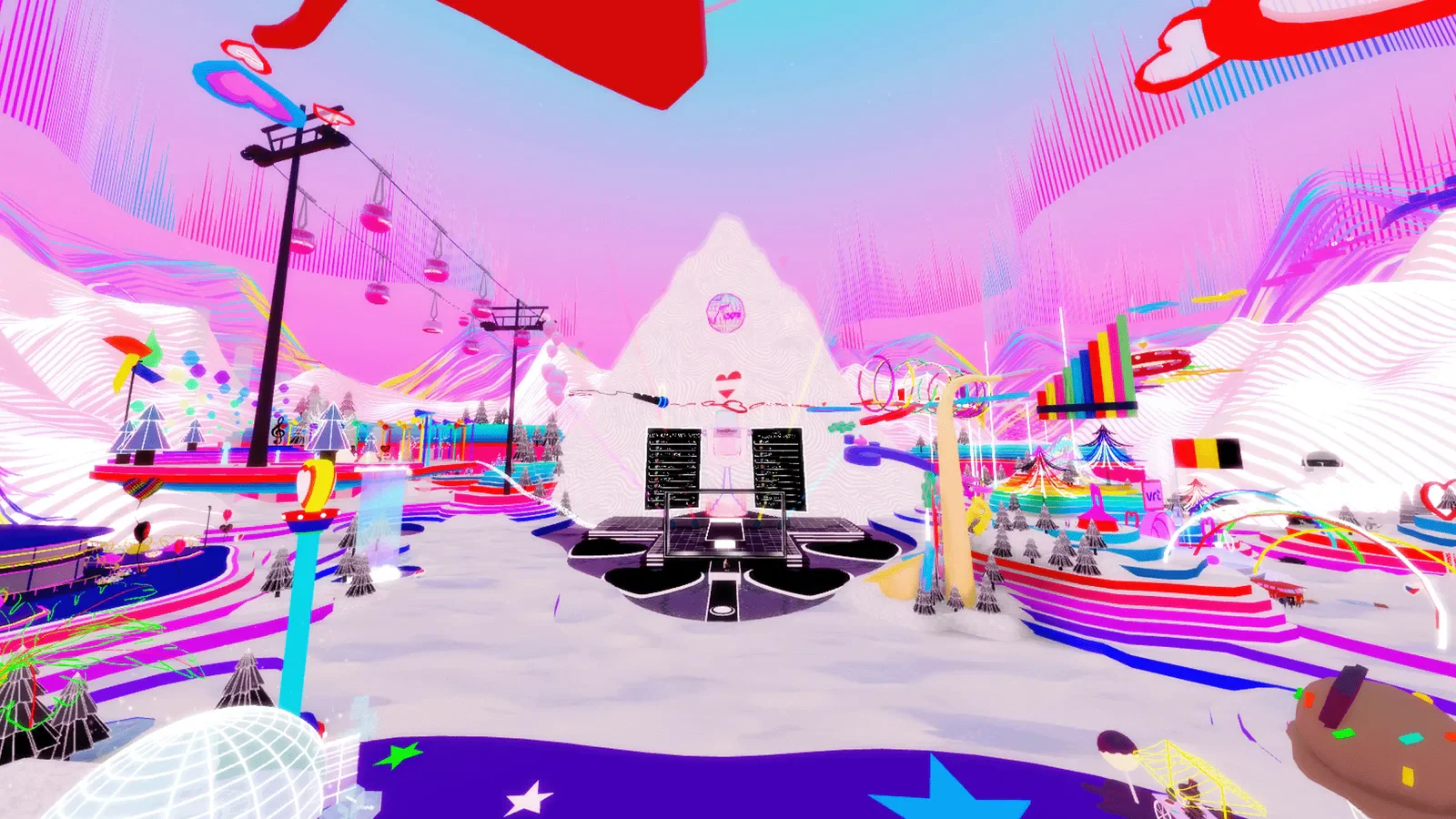 A central performance space within a bright pink and rainbow Eurovision environment.