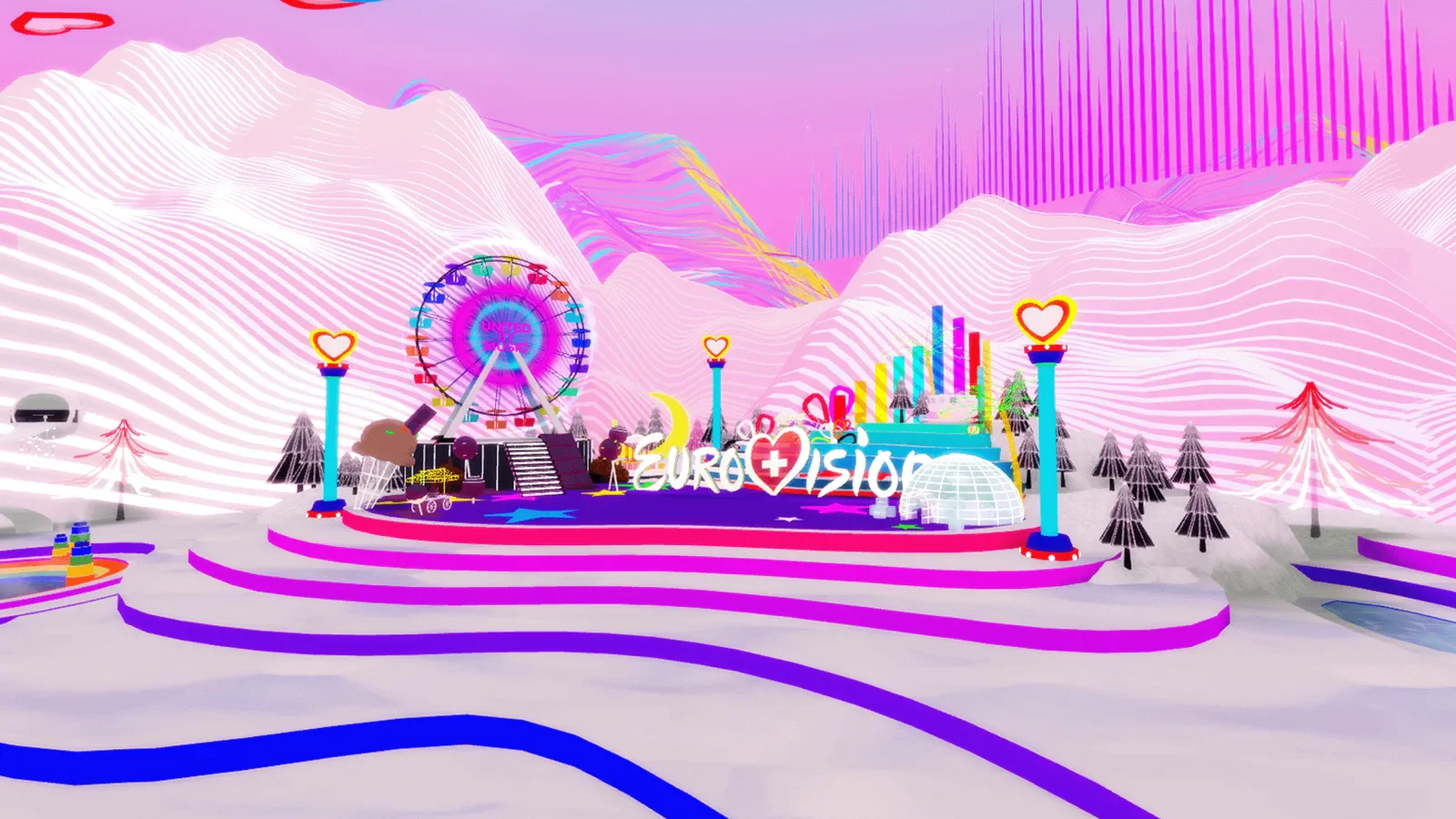 A colourful Eurovision stage and Ferris wheel surrounded by sculpted pink and white Roblox landscapes.