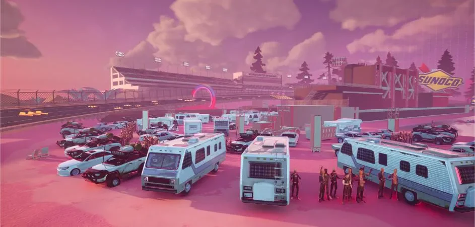 A stylised NASCAR Daytona environment with vehicles and grandstands at sunset.