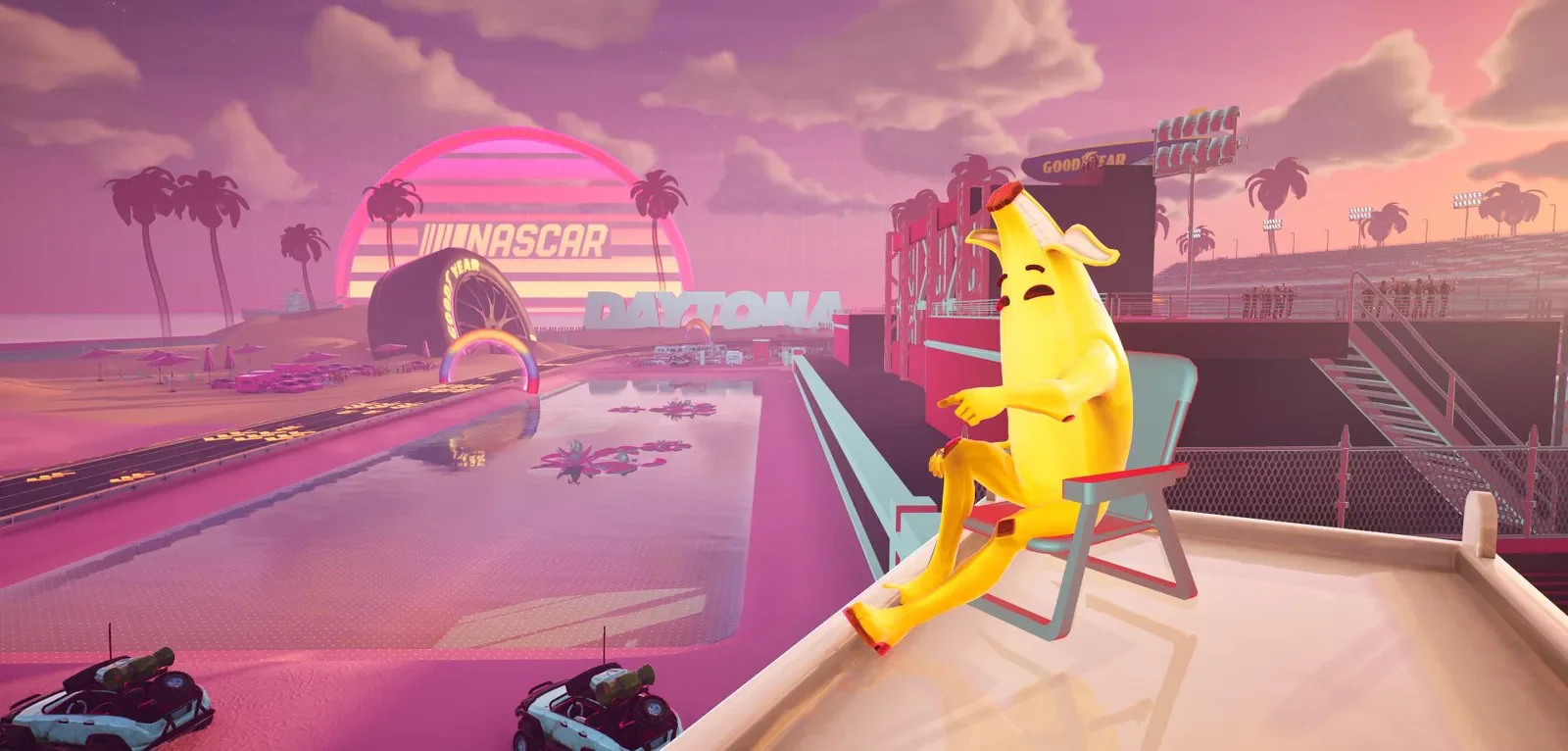A Fortnite character overlooking the Daytona circuit.