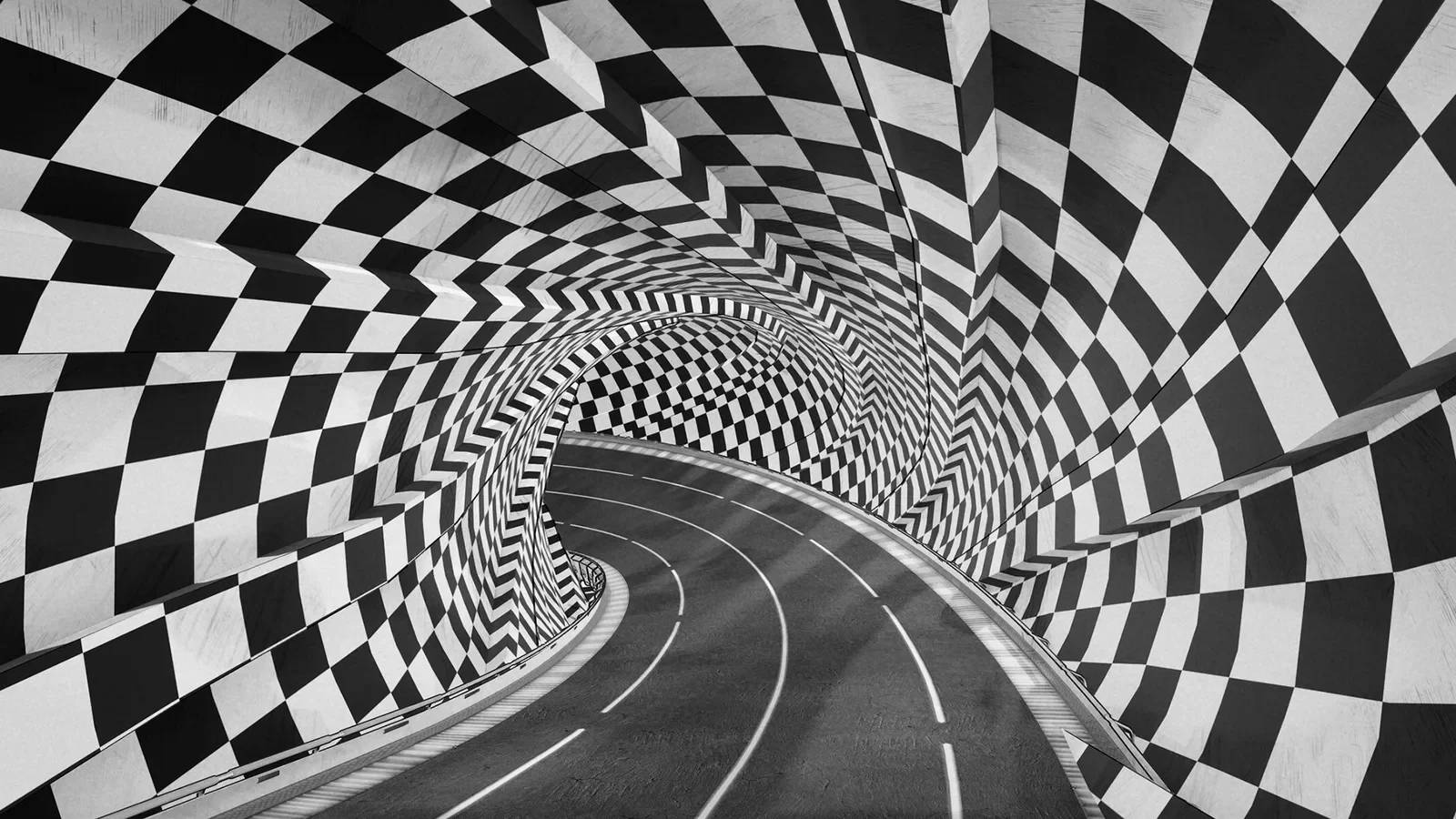 A black-and-white chequered tunnel forming part of the race route.