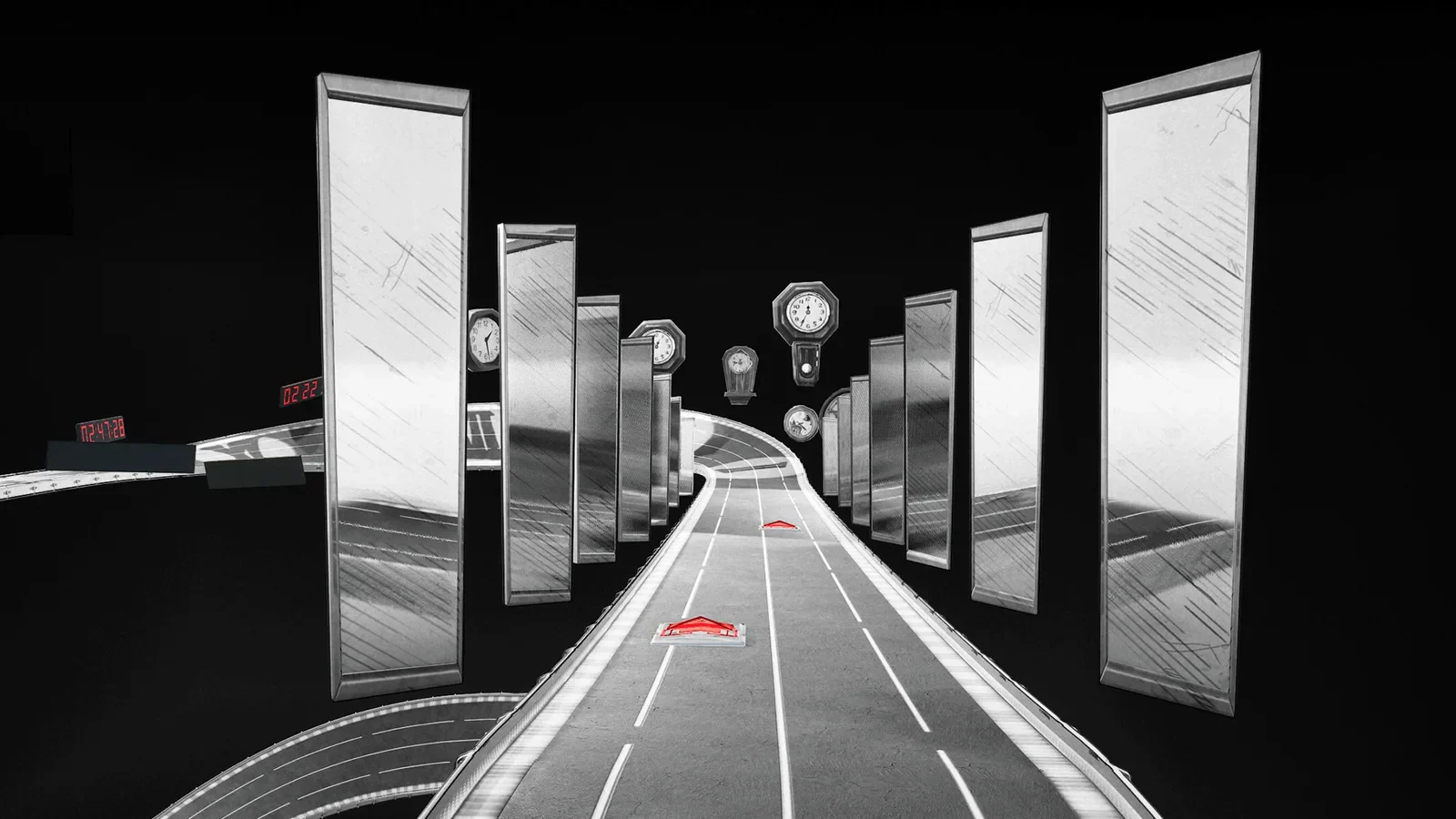 The race track runs between tall mirrored panels in a monochrome environment.