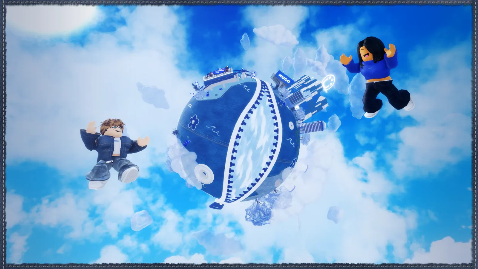Roblox characters floating around a blue Planet HUGO world in the clouds.