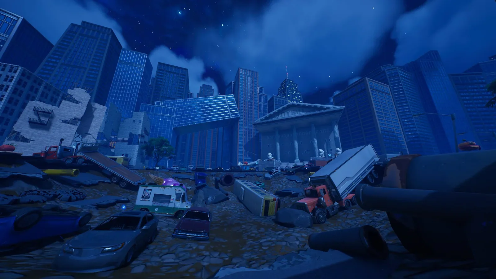 A dramatic blue-lit city with damaged buildings in Pooh vs Death.
