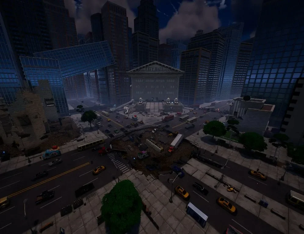 An aerial view of a ruined urban environment and its central plaza.