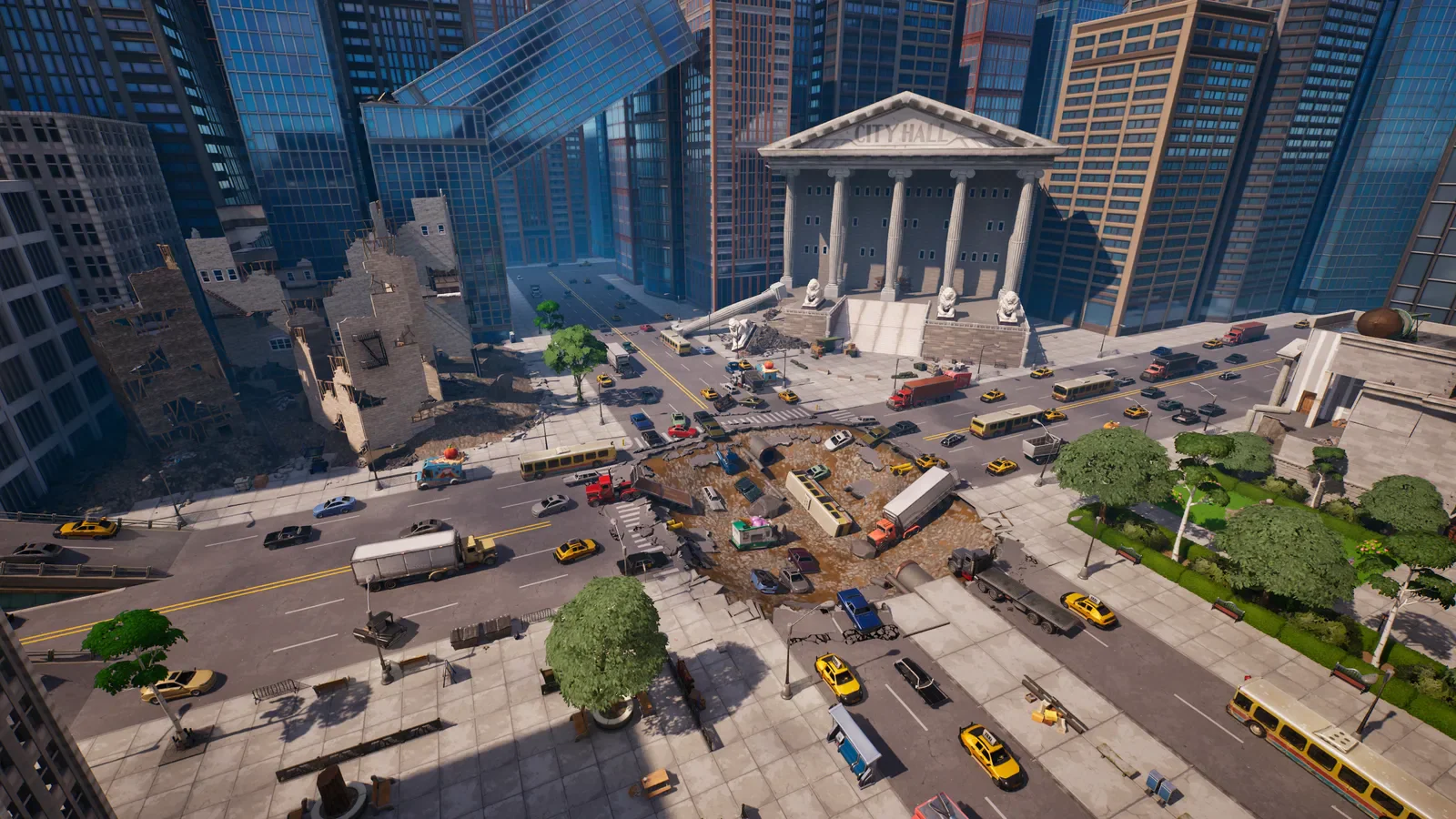 A damaged city plaza and classical building surrounded by high-rise blocks in Pooh vs Death.