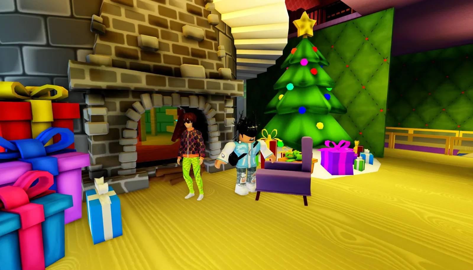 Roblox characters gather around a fireplace and Christmas tree.