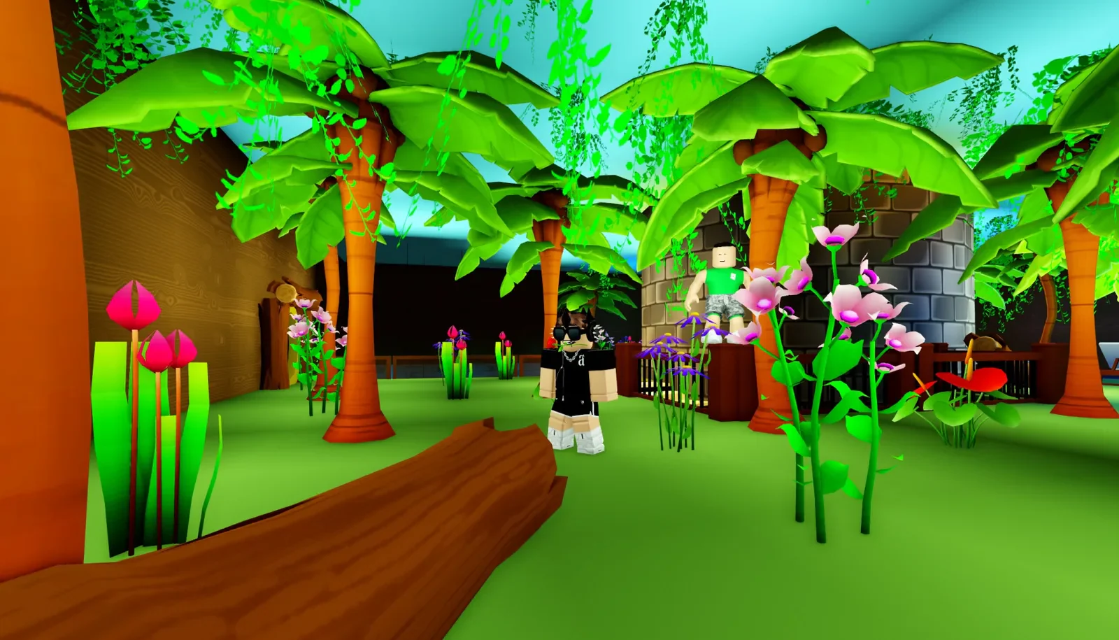 Characters explore a bright tropical garden within the Ronald McDonald House Roblox world.