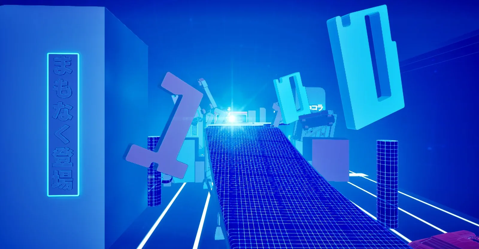 A bright blue geometric game environment with floating structures.