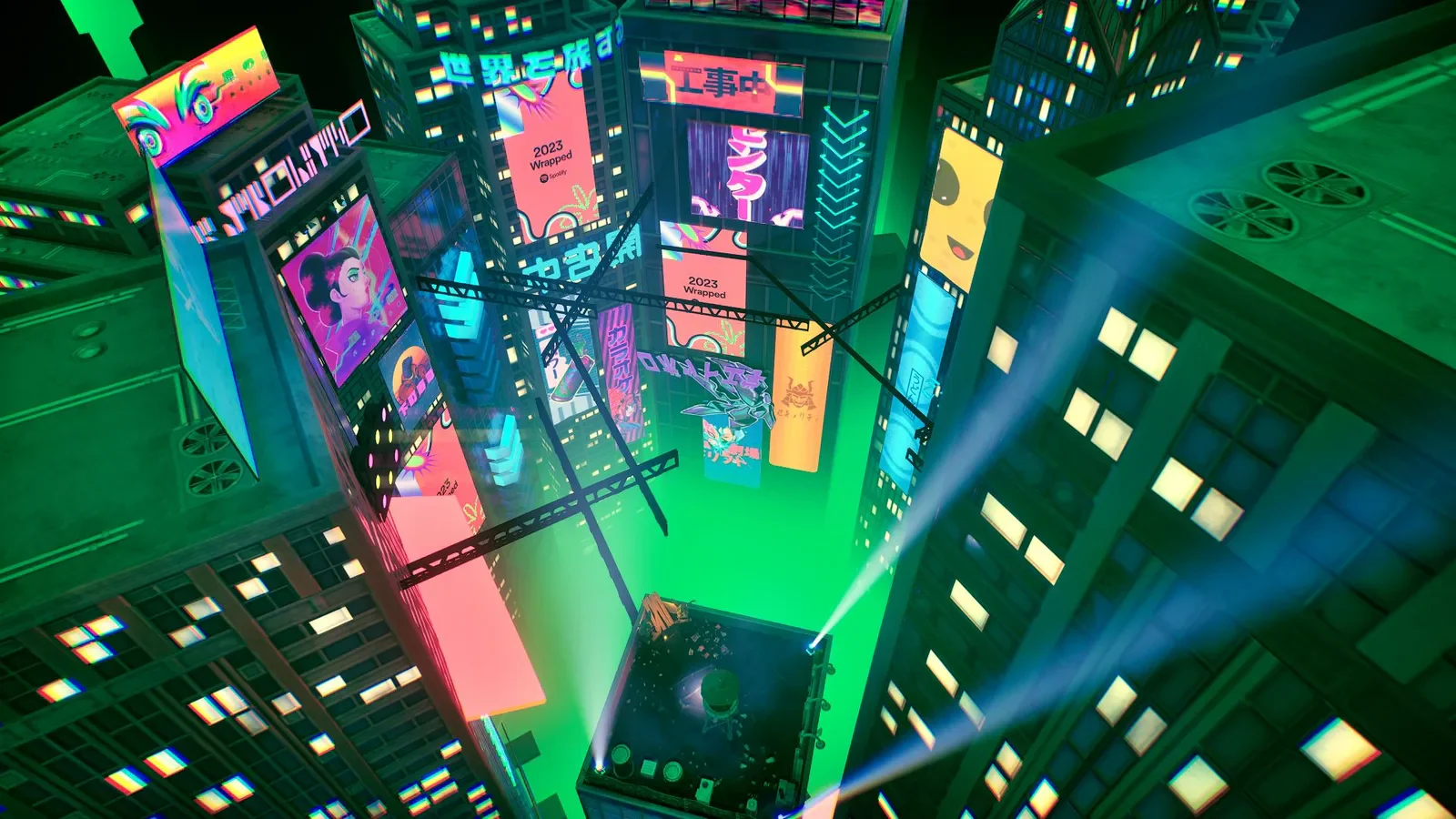 An aerial view of green city streets, music artwork and luminous billboards in Spotify Wrapped Realms.