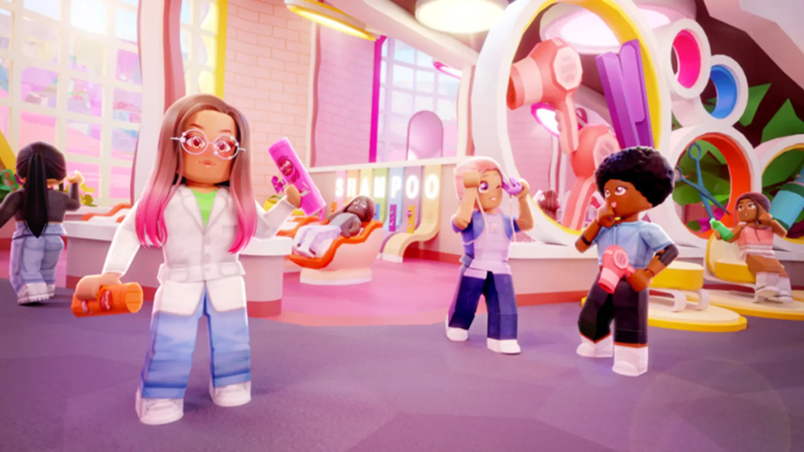 Roblox avatars gather in a colourful Sunsilk-branded town.
