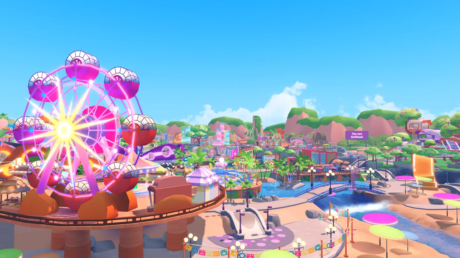A panoramic view of Sunsilk City with a Ferris wheel and colourful buildings.