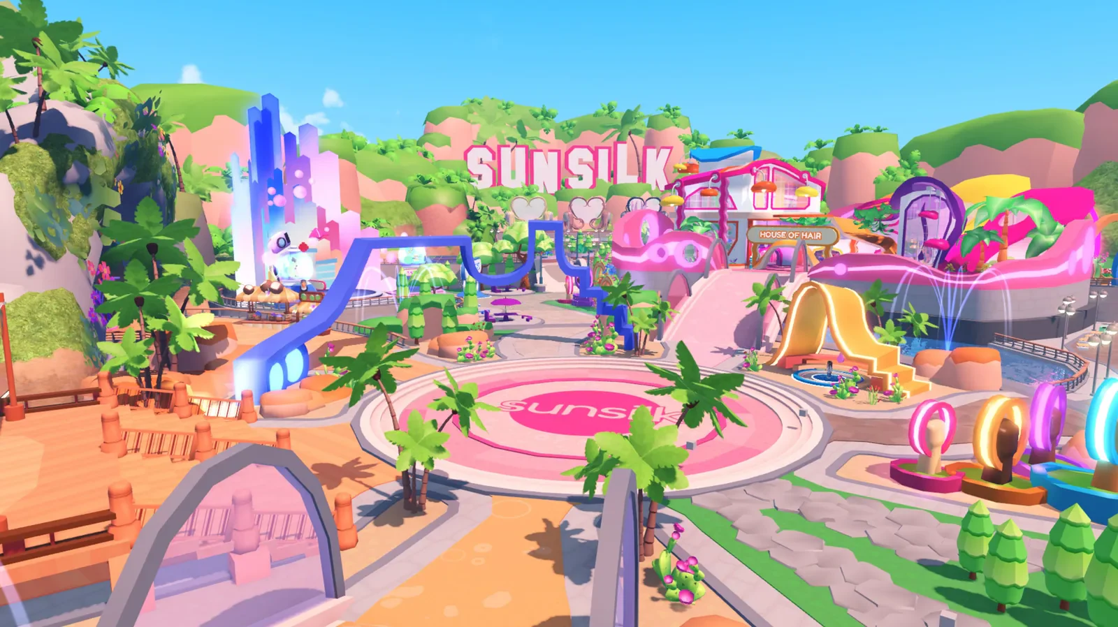 The pink streets, slides and palm trees of Sunsilk City on Roblox.