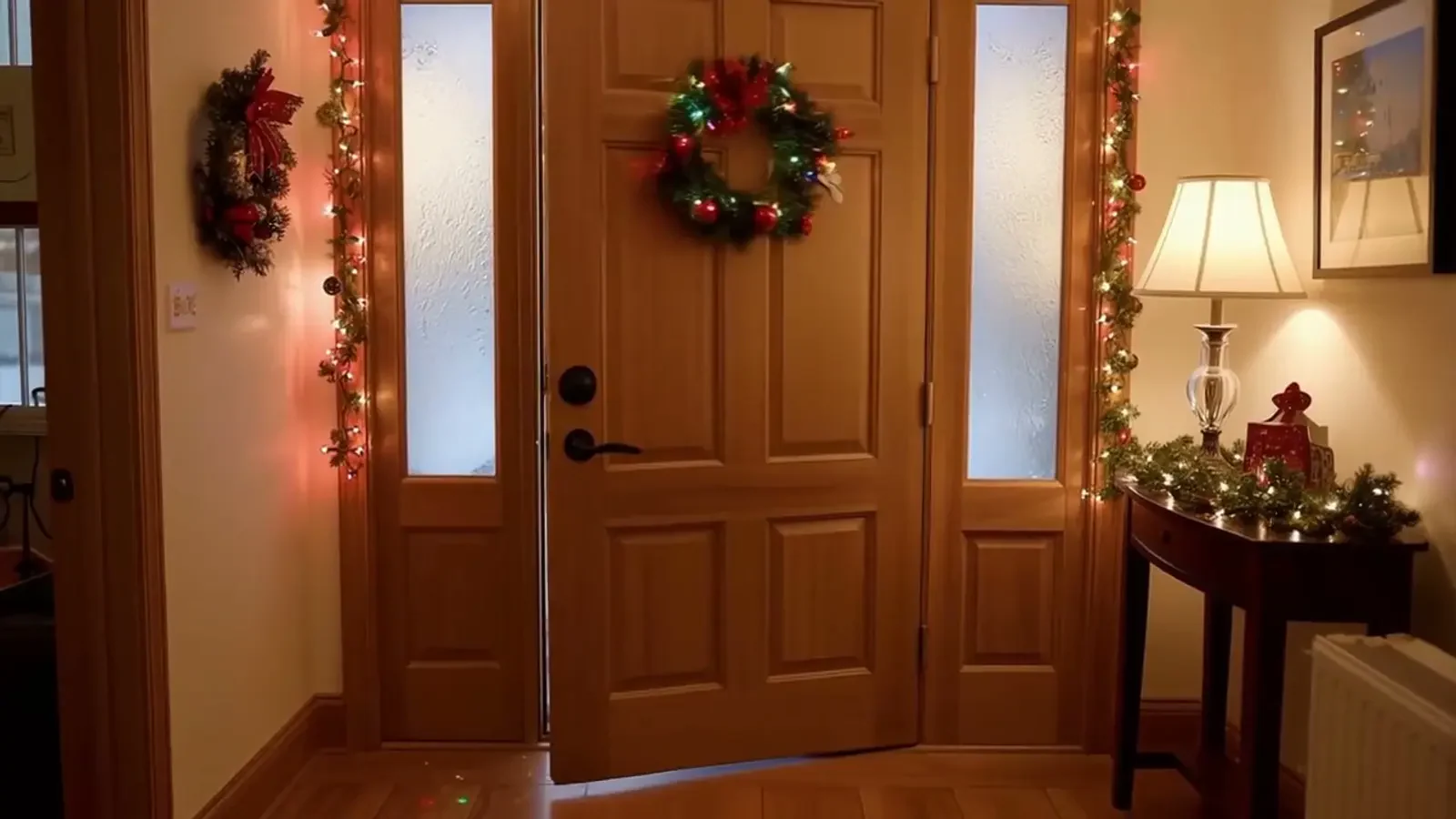 A warmly lit doorway decorated with Christmas wreaths in One4all’s campaign.
