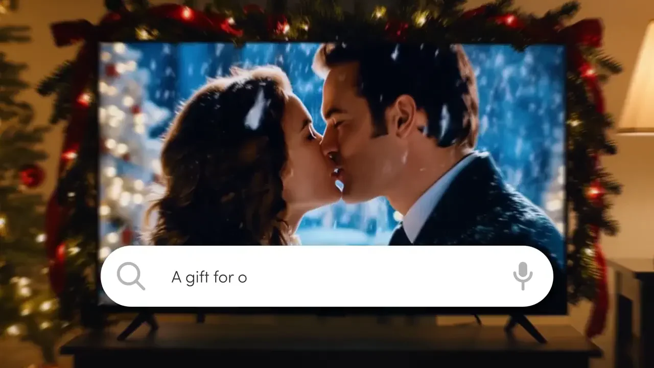 A couple sharing a Christmas moment with One4all’s gift search graphic over the scene.