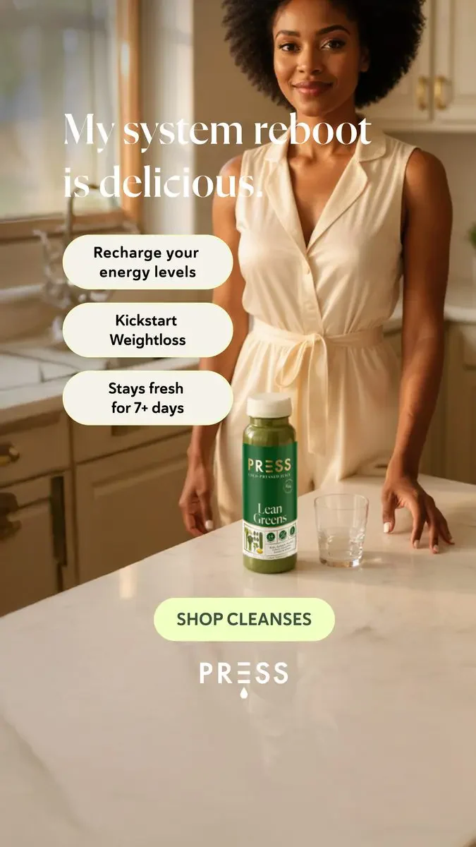 A PRESS juice bottle beside a woman in a bright kitchen, with campaign copy.