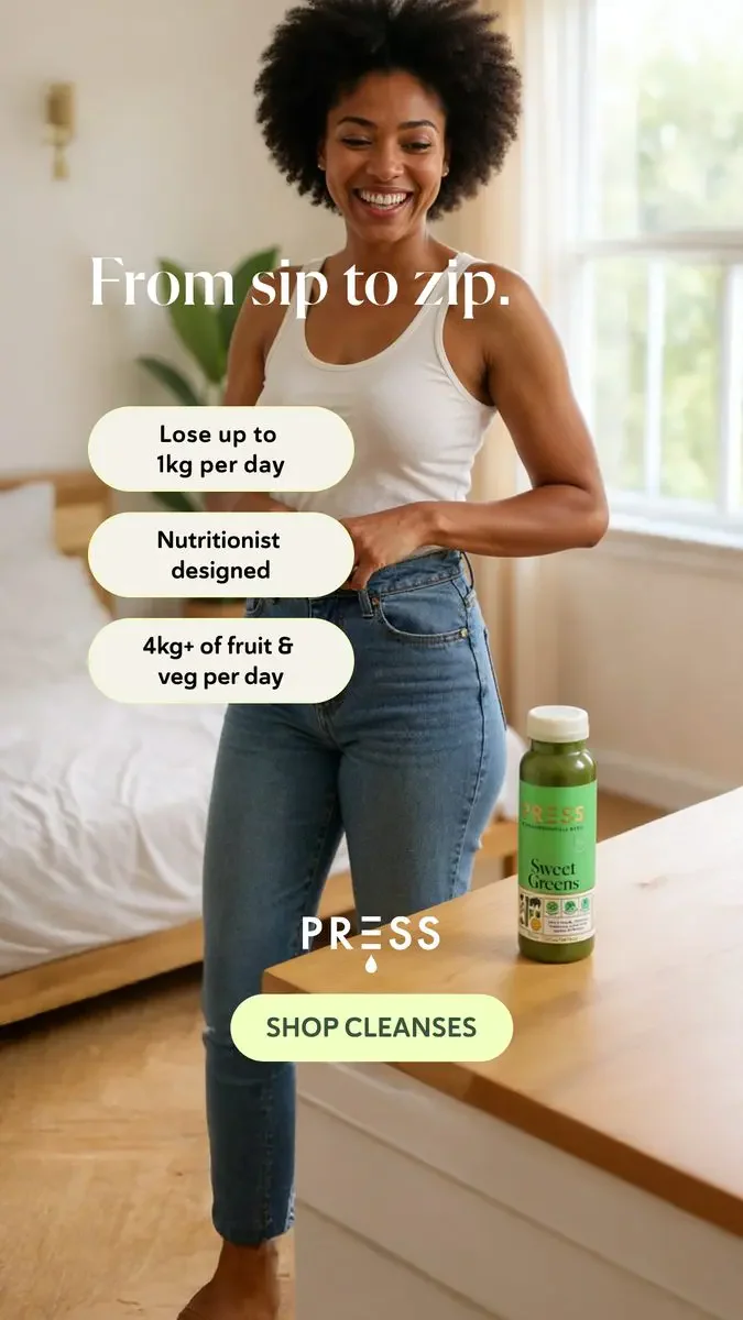 A woman holding a PRESS bottle in a bright kitchen, with campaign copy.