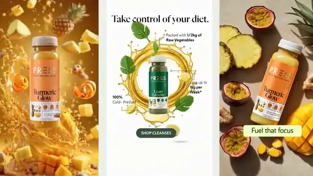 A PRESS green juice bottle on a kitchen worktop in a vertical lifestyle campaign.