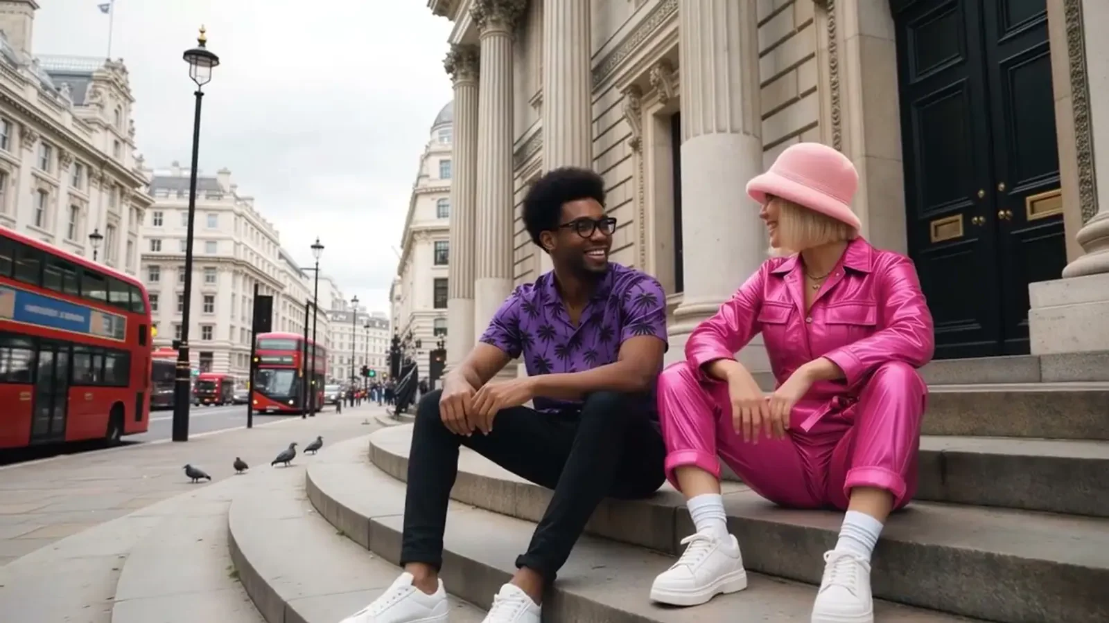 Two travellers talking on London steps in Wizz Air’s Let’s WIZZ campaign.