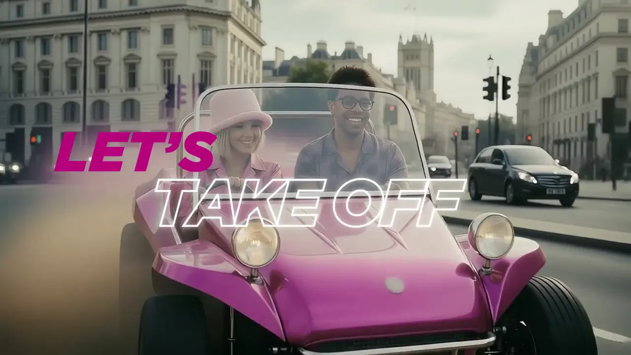 A magenta convertible driving through a city with Let’s Take Off campaign lettering.