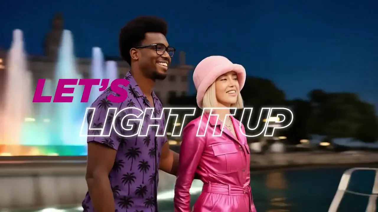 Two travellers beside illuminated fountains with Let’s Light It Up campaign lettering.